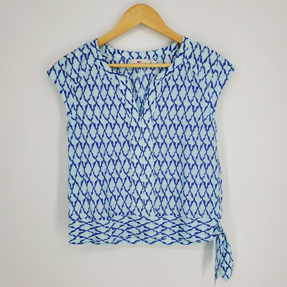 Vineyard Vines Womens Lattice Print Side Tie Top Blouse Blue Silk Print Size 0